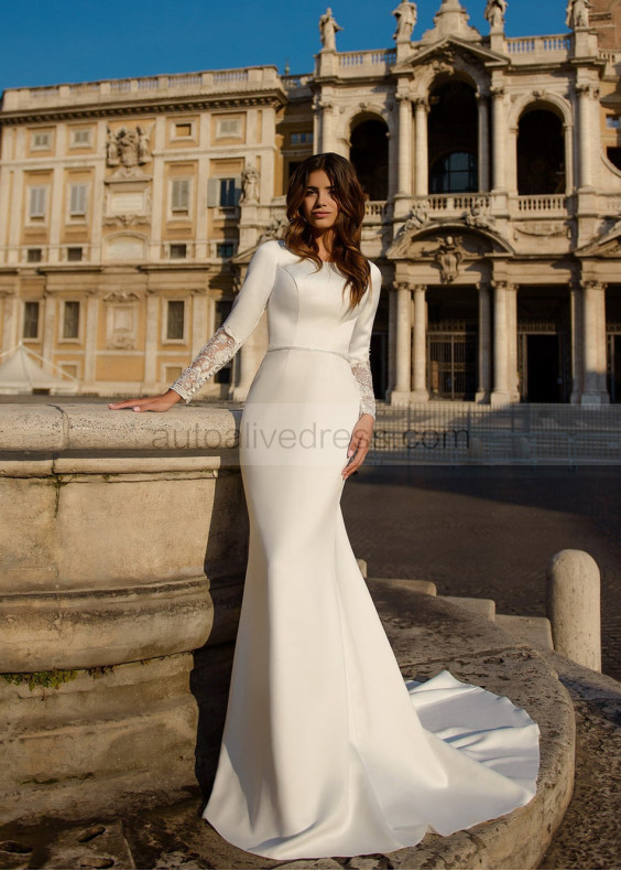 Beaded Long Sleeves Ivory Satin Lace Wedding Dress